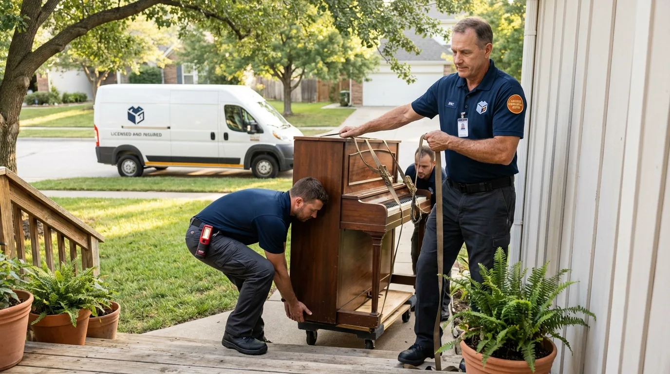 Licensed piano movers securing grand piano in Spring House, PA
