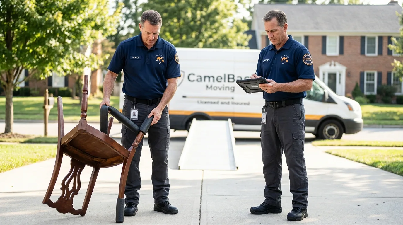 Movers inspecting furniture for damage prevention before loading in Spring House, PA