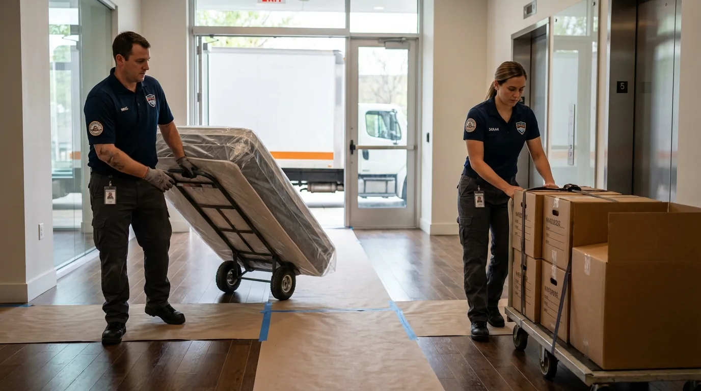 Professional apartment movers loading elevator in Spring House, PA